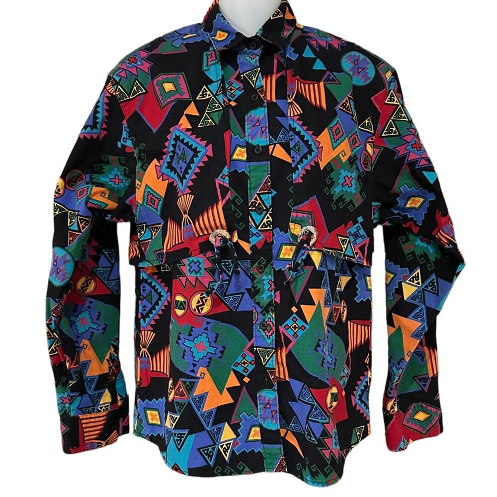 Frontier Series Cotton Western Aztec Print Womens Medium Long Sleeve Shirt